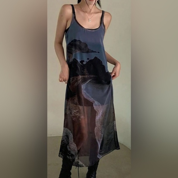 NEW Scenic Print Sheer Mesh Maxi Dress - Picture 1 of 3